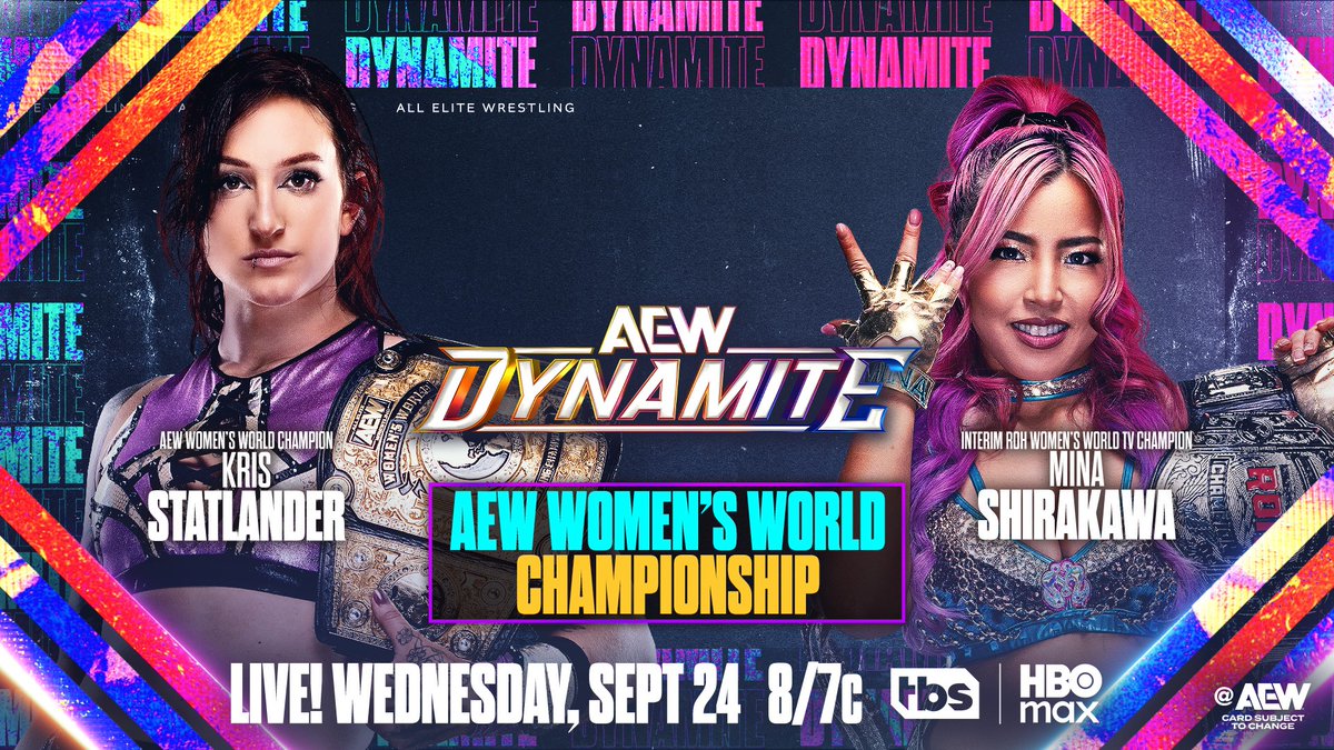 As announced by Tony Khan, NEW AEW Women's World Champion @CallMeKrisStat will make her first defense WEDNESDAY NIGHT!

Will <a href="/MinaShirakawa/">Mina Shirakawa♡白川未奈</a> shock the world and walk out with the World Title?

We find out when #AEWDynamite is LIVE at 8/7c, TOMORROW on TBS and HBO Max