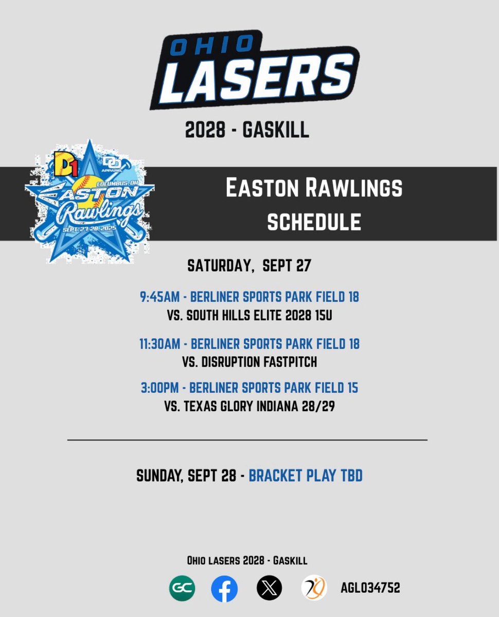 📣 Easton Rawlings Bat Wars Weekend Schedule – <a href="/OhioLasersBlue/">Ohio Lasers 2028 - Gaskill</a>

📍 Berliner Sports Park (Columbus, OH) – Sat. 9/27
🥎 9:45 AM vs South Hills Elite 2028 15u – Field 18
🥎 11:30 AM vs Disruption Fastpitch – Field 18
🥎 3:00 PM vs Texas Glory Indiana 28/29 – Field 15

Come out and