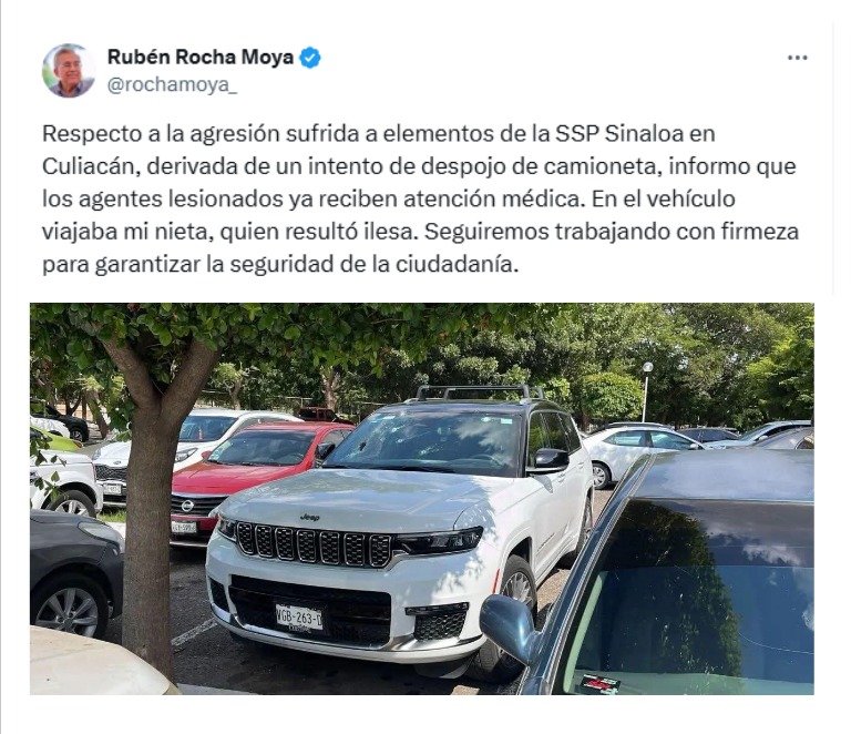 nacholozano's tweet image. El gobernador de #Sinaloa, Rubén Rocha Moya, confirmó que su nieta viajaba en la camioneta de la #SSP que fue baleada en “un intento de despojo”. Aseguró que los agentes lesionados ya reciben atención médica.