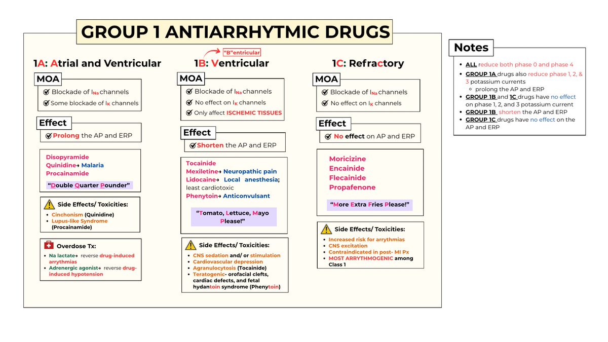 yenfluraneee's tweet image. M4: PHARMACOLOGY

📍GROUP 1 ANTIARRYTHMIC DRUGS (SODIUM CHANNEL BLOCKERS)

‼️Note: ALL antiarrythmic agents can cause arrythmias 

#studytwt #pharmatwt #phle