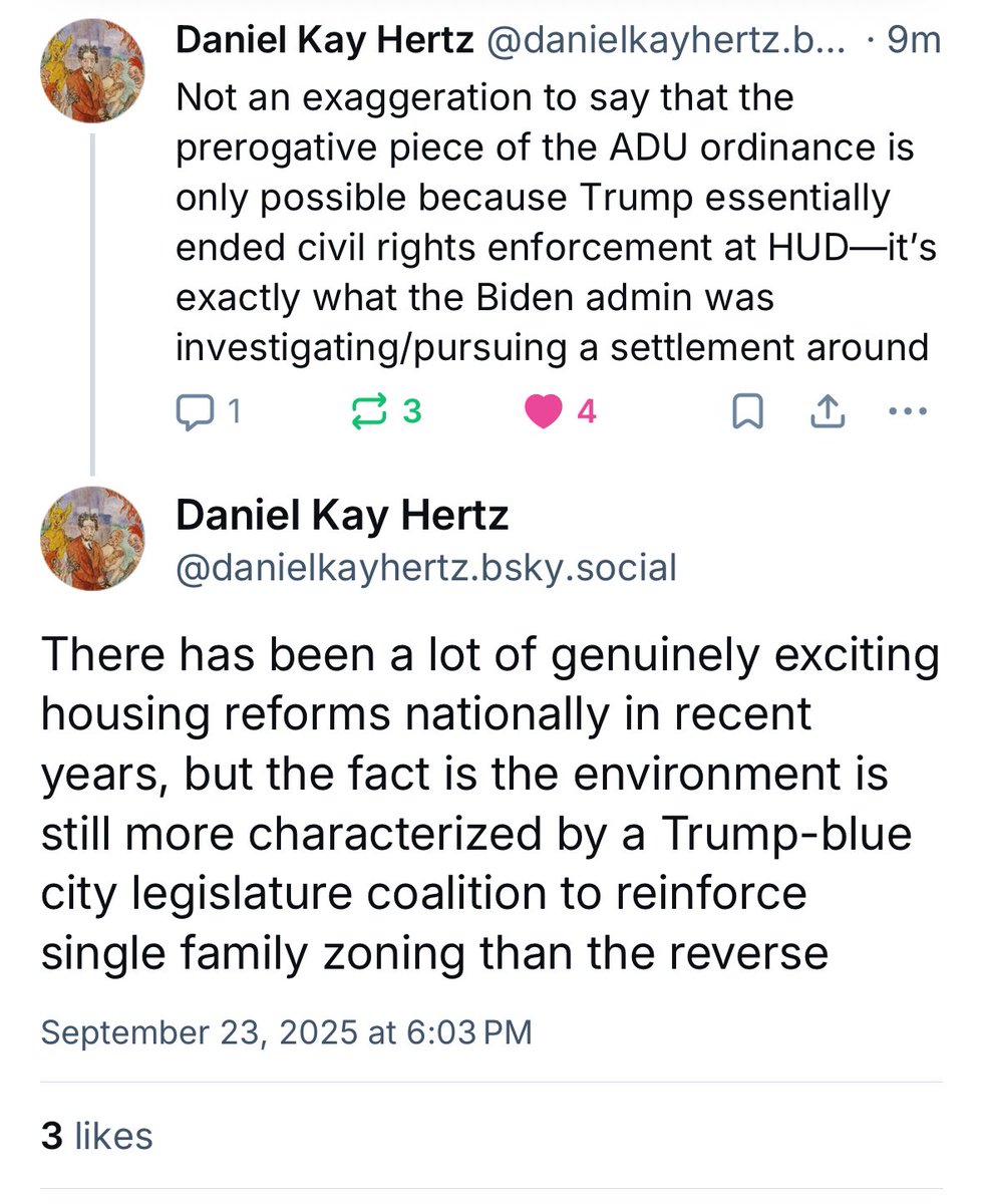 Great point from <a href="/DanielKayHertz/">Daniel Kay Hertz</a> on the other app

Chicago is on the verge of enacting an ordinance to re-legalize ADUs.

But there is a carve out for single-family districts, which is only being considered by the city because Trump has stopped civil rights enforcement at HUD