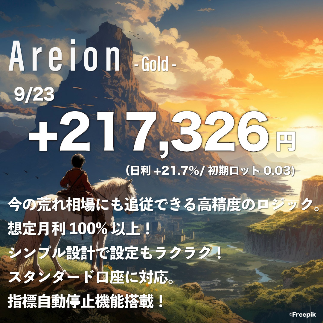 《gutEA　9/23　日報 》

①Areion（GOLD）¥217,326
　初期ロット0.03（日利21.7%)

②Spica（GOLD）¥100,019
　初期ロット0.05（日利10.0%)

③Laplace（GOLD）¥42,590
　初期ロット0.03（日利4.3%)

⑥Dike（SILVER他）¥42,203
　初期ロット各0.05（日利4.2%)

⑦Epona（EURUSD）¥36,907