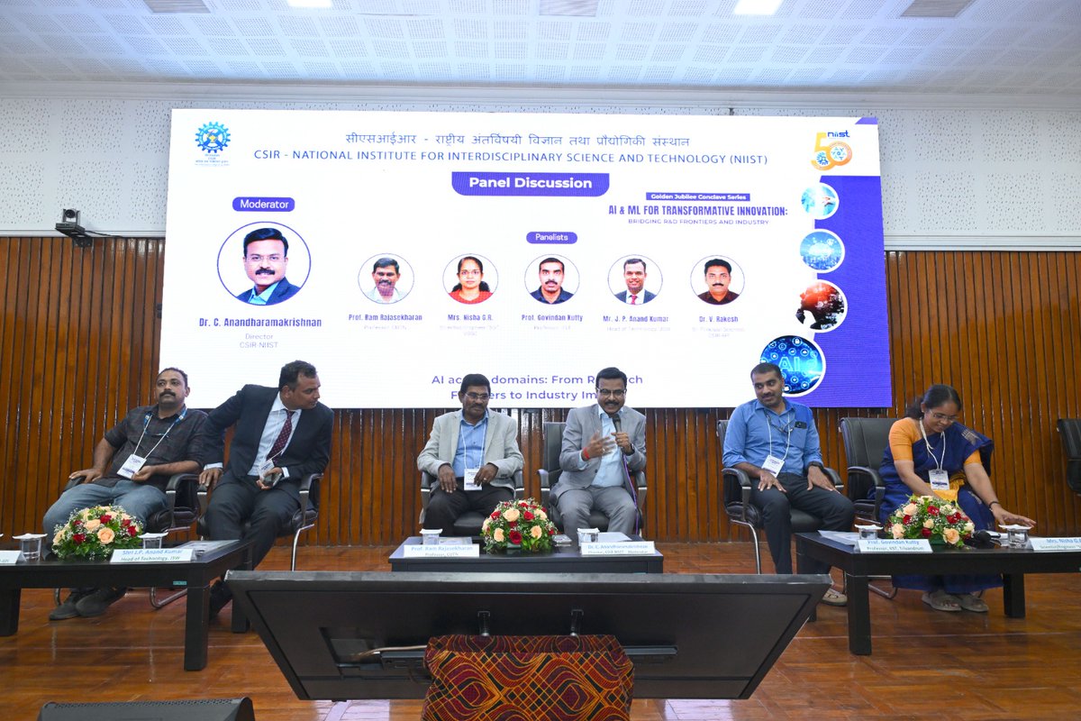 csir_niist's tweet image. 1/3 Glimpses from the panel discussion held during National Conclave on “AI &amp;amp; ML for Transformative Innovation: Bridging R&amp;amp;D Frontiers and Industry”, being organized as part of Golden Jubilee Celebrations #niistgjmo #artificialintelligence @CSIR_IND @DrJitendraSingh
