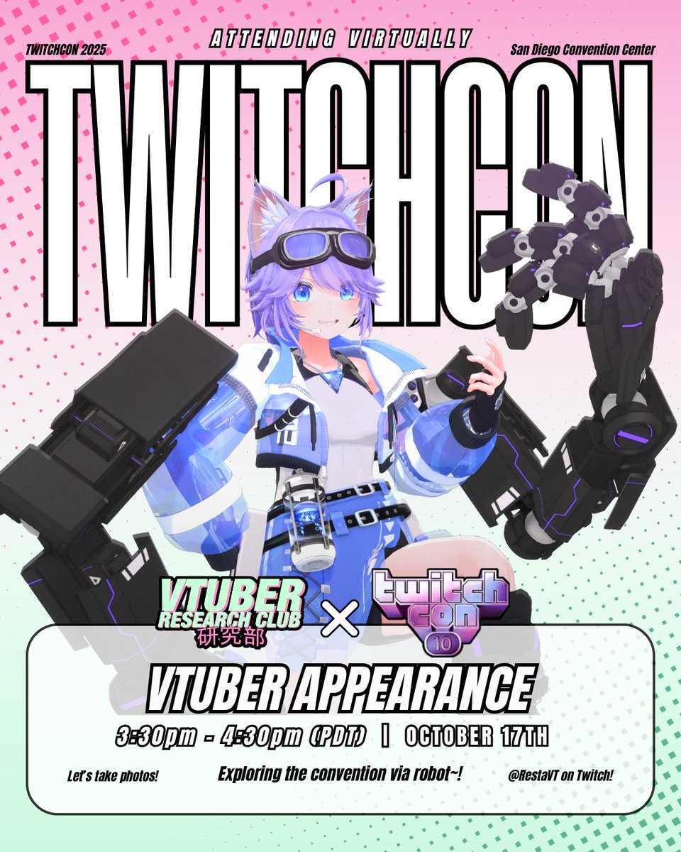 Hey everyone, guess what～！
I'm attending TwitchCon 2025 in San Diego, California as a strolling VTuber robot！🤖

After going to TwitchCon last year, I'm excited to experience it in a whole new way via vtuberresearchclub 

You can check them out yourself on /𝕓𝕝𝕦𝜺~𝕤𝕜𝕪/💙