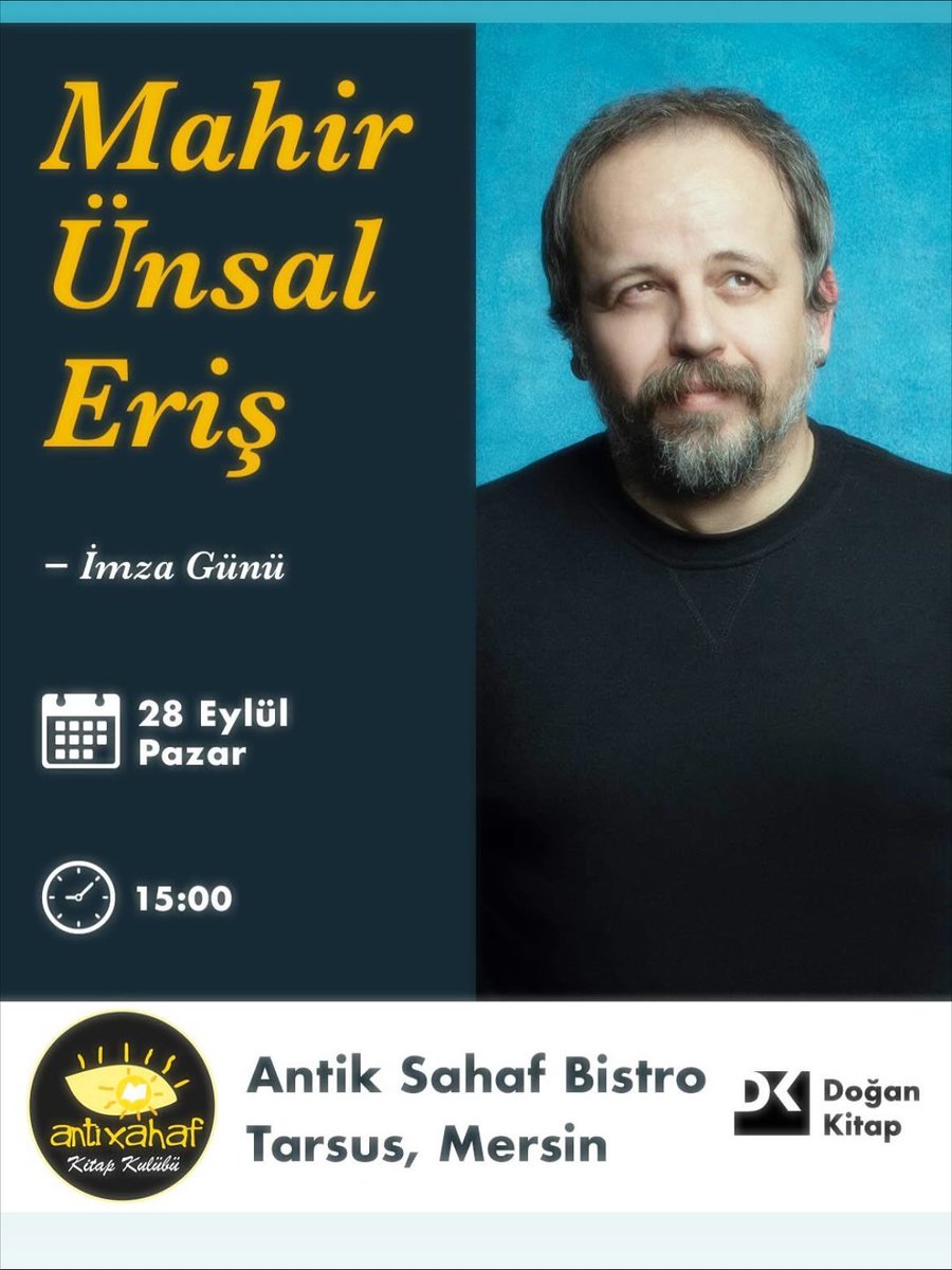 Mahir Ünsal Eriş, 28 Eylül Pazar günü Tarsus’ta okurlarıyla buluşuyor.

Antik Sahaf Bistro’da söyleşi ve imza günü şeklinde gerçekleşecek 
etkinliğin başlama 
saati: 15.00

Bütün dostlarımızı bekliyoruz efendim…

<a href="/koenagadol/">mahir ünsal eriş</a> <a href="/dogankitap/">Dogan Kitap</a> #antiksahafkitabevi