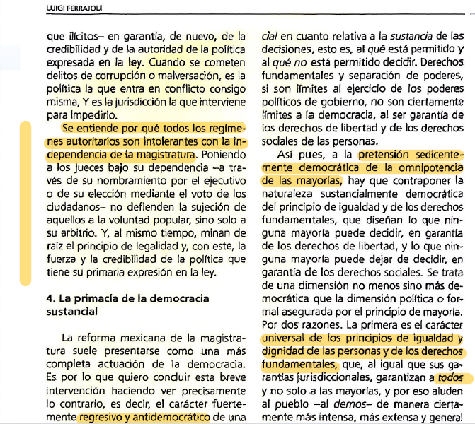 Les dejo sólo algunas ideas (señaladas en amarillo) del contundente artículo de #Ferrajoli sobre la reforma judicial mexicana (pp. 103 y 108).

Si algo se le puede criticar es tan sólo que se quedó corto sobre los mecanismos para la captura electoral del Poder Judicial.
