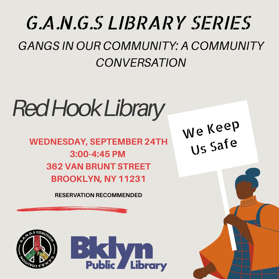 GangScoalition's tweet image. Join us Sept tomorrow at Red Hook Interim Library for Gangs in Our Community: Portrayal &amp;amp; Narrative — a free workshop on gang policing, databases and community impact. 3–4:45 PM. Details: bklynlibrary.org/calendar/gangs… #erasethedatabase