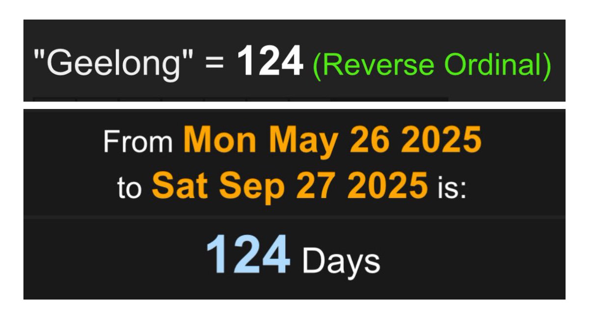 Decoding_Oz's tweet image. Joel Selwood is Geelong’s last Premiership captain and he will present the Premiership cup to Geelong 124 days after his birthday.
“Geelong” = 124