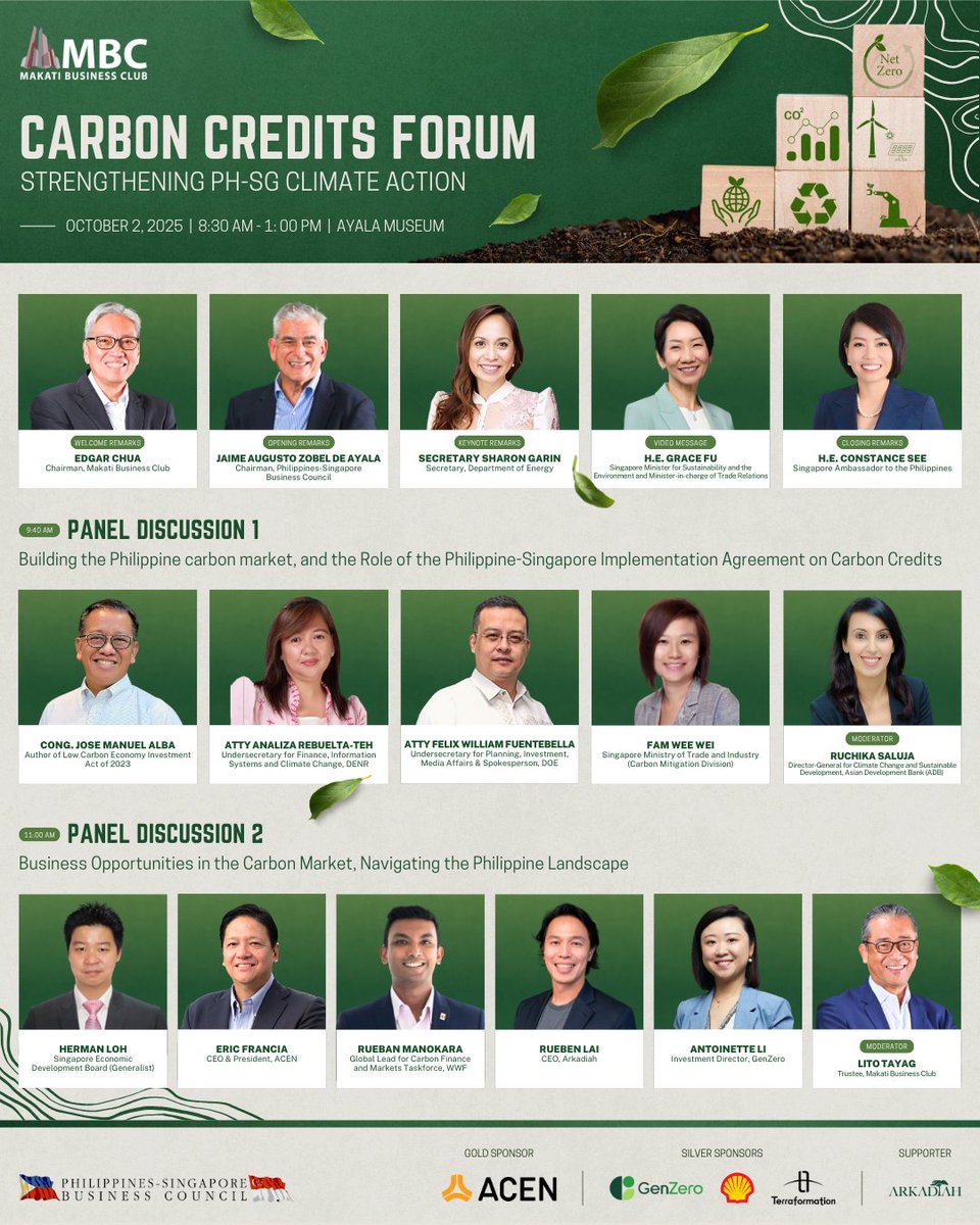 NEXT WEEK: MBC, the Embassy of Singapore, and the Philippines-Singapore Business Council are organizing the High-Level Forum on Carbon Credits: Strengthening Philippine-Singapore Collaboration for Climate Action.

Know more about the event and register: mbc.com.ph/mbc-carbon-cre…
