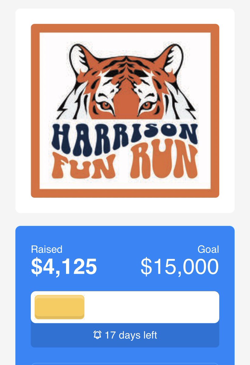 We are well on our way to our Harrison Elementary PTA Fun Run goal! Can we make it or even beat it?!?! 
The Fun Run takes place next Thursday, 10/2, during school. Thank you in advance for all of your support! 💙🧡

app.99pledges.com/fund/harrisont…