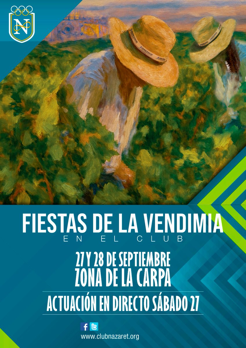 🍇 Este año vamos a tener una fiesta nueva en el Club, la Fiesta de la Vendimia. Sábado 27 y domingo 28 de septiembre, en la zona de la carpa de la piscina infantil. Buena gastronomía, gran variedad de vinos de Jerez y música en directo para comenzar el otoño en el Club Nazaret.