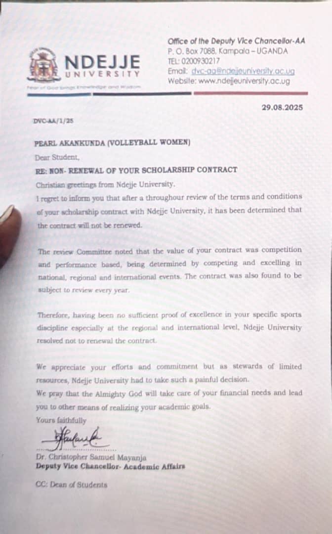 This disgusting communication is said to be originating from a church of Uganda founded university cancelling scholarships for sports Men and women midway their university academic courses!!