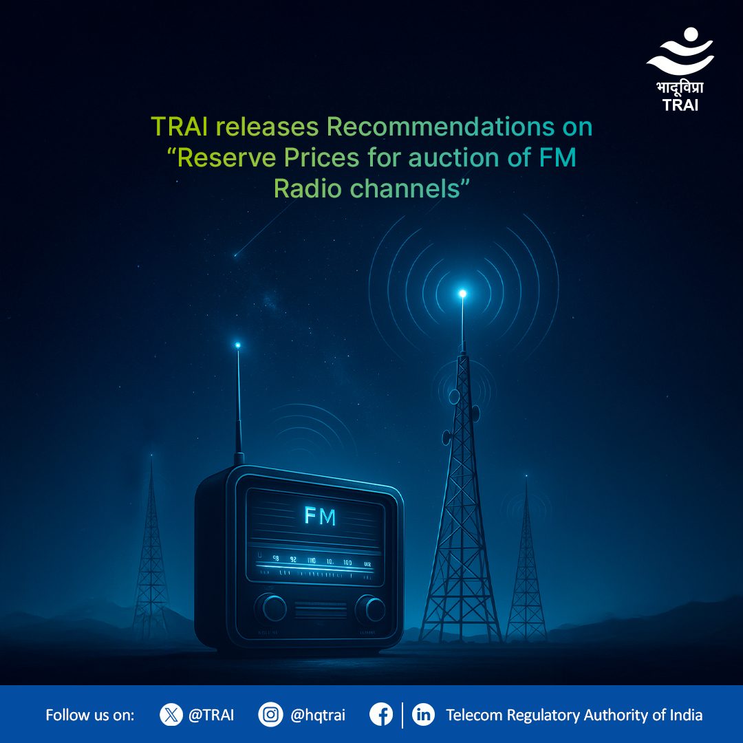 #TRAI has issued recommendations on reserve prices for FM radio auctions in 21 cities, including remote towns in J&amp;K, Himachal, and Uttarakhand.
₹3.75 lakh is proposed as the price for smaller 'E' category towns to boost private FM expansion.
Read: trai.gov.in/sites/default/…