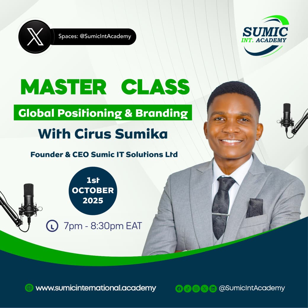 Olive Nankonyoli (@oliveria53798) on Twitter photo Join us for an insightful Master Class on Global Positioning & Branding with <a href="/MrSumic/">Cirus Sumika ~ Mr. Sumic</a>, Founder & CEO <a href="/SumicUg/">Sumic IT Solutions Ltd</a>
📅 Date: 1st October 2025
🕖 Time: 7:00 PM - 8:30 PM EAT
🔗 x.com/i/spaces/1gqxv…
📌 Discover how to position your brand globally.
#SumicXSpace #SumicIntAcademy Join us for an insightful Master Class on Global Positioning & Branding with <a href="/MrSumic/">Cirus Sumika ~ Mr. Sumic</a>, Founder & CEO <a href="/SumicUg/">Sumic IT Solutions Ltd</a>
📅 Date: 1st October 2025
🕖 Time: 7:00 PM - 8:30 PM EAT
🔗 x.com/i/spaces/1gqxv…
📌 Discover how to position your brand globally.
#SumicXSpace #SumicIntAcademy