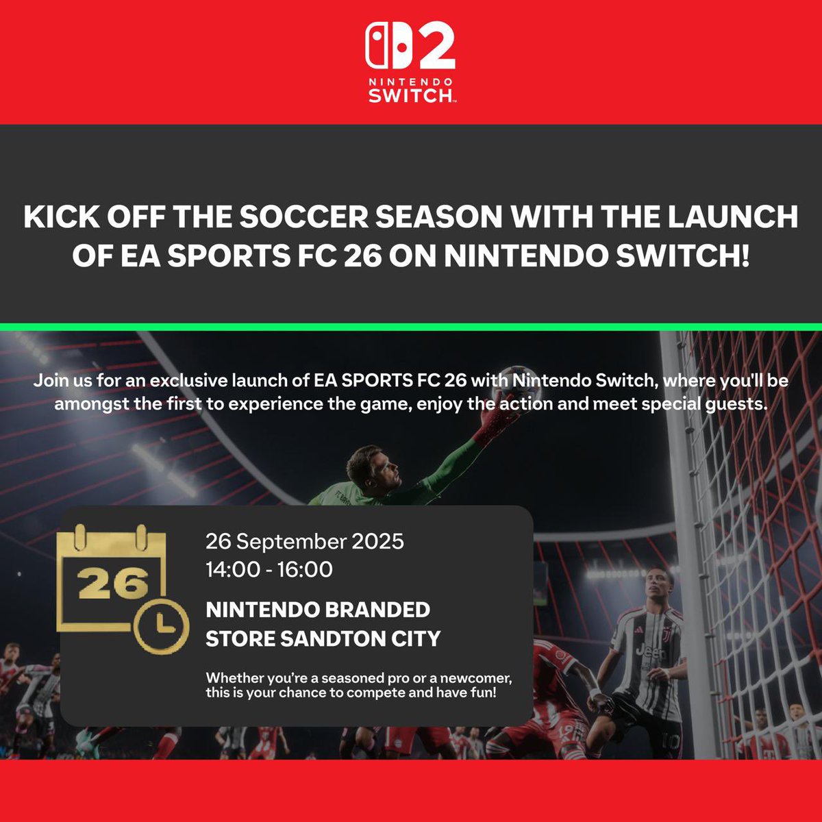 I’m inviting you to the official launch of EA Sports FC 26 this Friday at the <a href="/NintendoSA/">🍄</a> Store at <a href="/SandtonCity/">Sandton City</a> . We’ll be playing EA Sports FC 26 on the Nintendo Switch 2 . Cool prizes up for grabs, see you there, #EAFCONSWITCH #ad