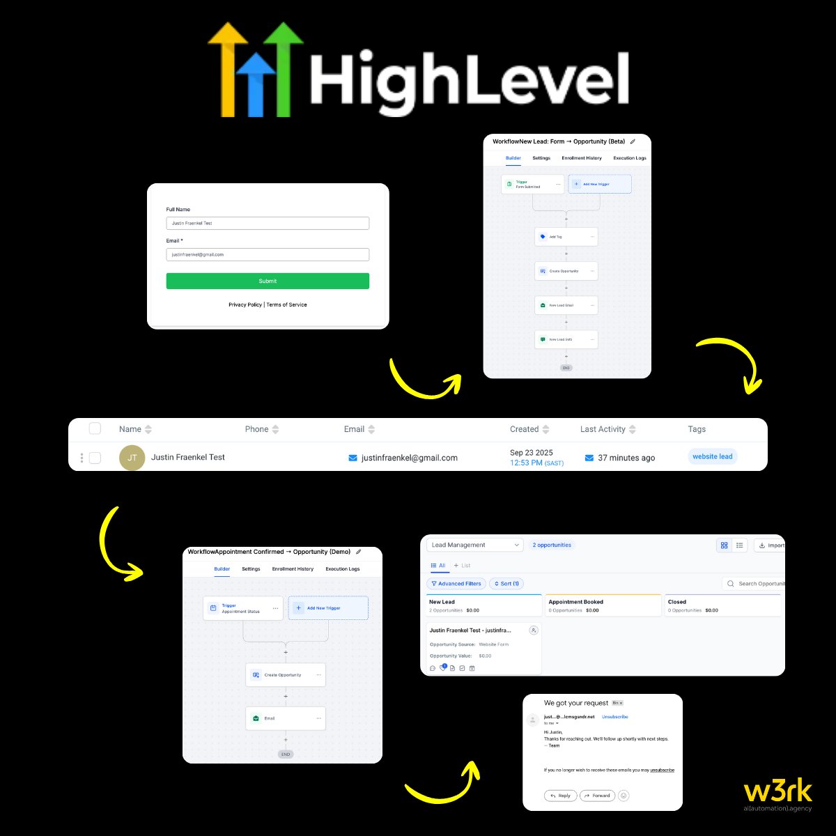 w3rk_co_za's tweet image. Trying out @gohighlevel  automations.

Built a quick demo:

• Form fill → contact + CRM card
• Booking → card jumps + auto email
• Pipeline = New Lead → Appointment Booked → Closed

Even light automation keeps leads moving.

#GoHighLevel #automation #crmclick