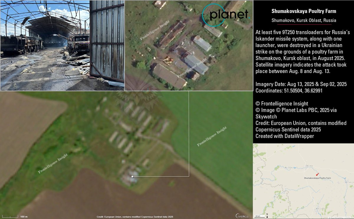 Tatarigami_UA's tweet image. At least five 9T250 transloaders and 1 Iskander launcher were destroyed in early August on the grounds of a poultry farm in Shumakovo, Kursk oblast. The Frontelligence Insight found the strike took place between Aug 8 - Aug 13, rather than later in the month as first reported