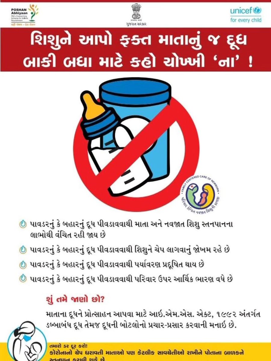 Santhaliphcpat's tweet photo. તા.24/09/2025
વ્હાલા શિશુને આપો ફક્ત માતાનું જ દૂધ.
બાકી બધા માટે કહો ચોખ્ખી 'ના' 👉પાવડર કે બહારનું દૂધ પીવડાવવાથી શિશુને ચેપ લાગવાનું જોખમ રહે છે. #IMSACT 1992 અન્વયે #ડબ્બાબંધ દૂધ કે #દૂધનીબોટલ નો પ્રચાર-પ્રસાર કરવાની મનાઈ છે.
@DiecoPatan @tsbcc_Radhanpur https://t.co/JcmpLsgz69