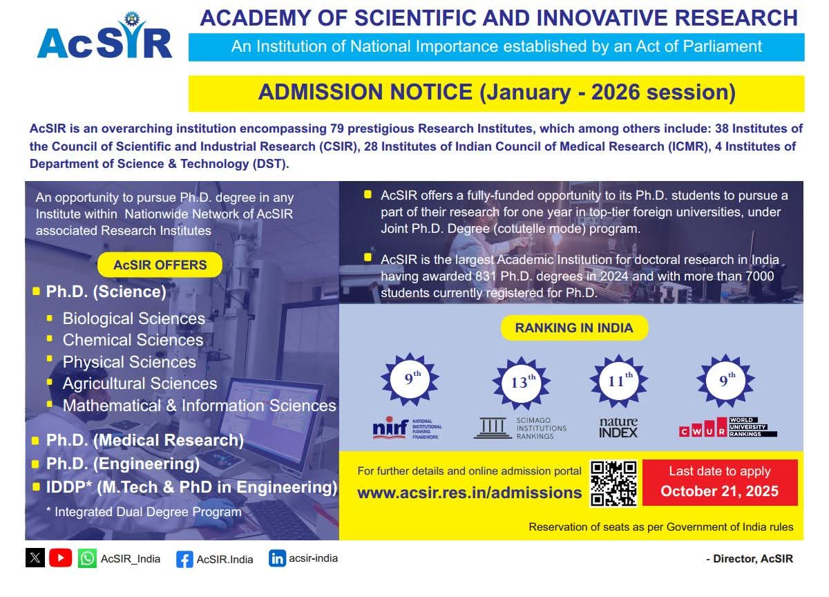 AcSIR_India's tweet image. 🎓 Admissions Open: AcSIR January 2026 Session
Shape the future of science, innovation, and research with the Academy of Scientific and Innovative Research (AcSIR)—India’s premier institution spanning 79 national research institutes.
🔬 Programs Offered:
• Ph.D. in Sciences,…