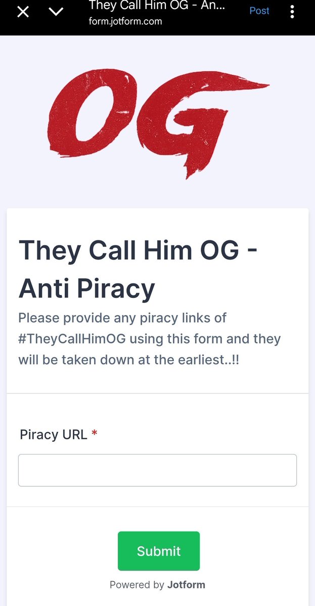 KotteKavya's tweet image. Stop piracy 
1. Open the link
2. Copy the piracy link you have come across. (TWITTER, INSTAGRAM, FACEBOOK, YOUTUBE OR ANY OTHER MEDIUM)
3. Click submit.
 form.jotform.com/pkfcusa/they-c… 

#TheyCallHimOG