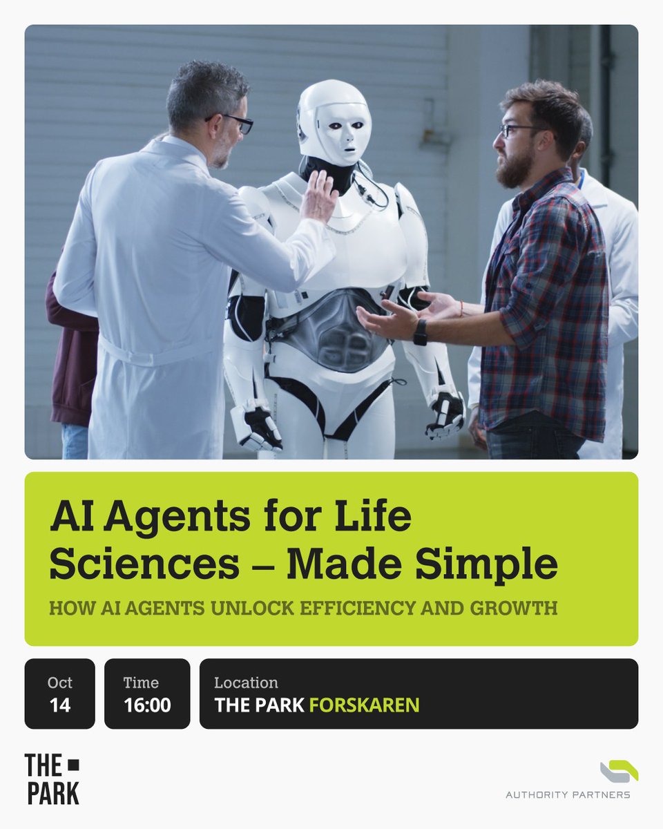 APIknowsIT's tweet image. AI agents are transforming life sciences.

Join us Oct 14, 16:00 at The Park Forskaren for AI Agents for Life Sciences – Made Simple with Authority Partners’ Amila Lagumdzija &amp;amp; Faris Nizamic.

Register here 👉 eu1.hubs.ly/H0ngRxg0

#AI #LifeSciences #AIAgents #APknowsIT