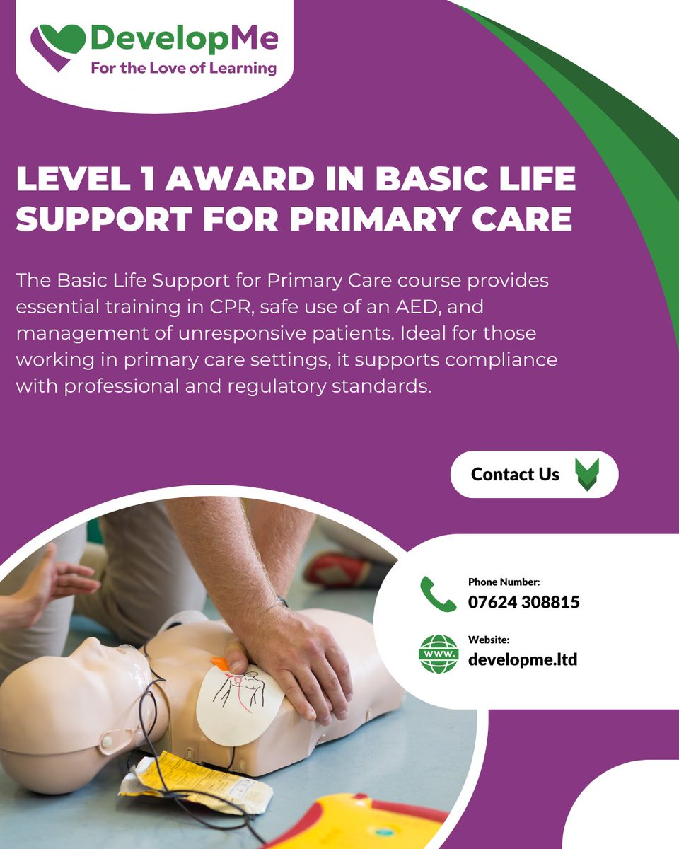 developmeltd's tweet image. 💡 LEVEL 1 AWARD IN BASIC LIFE SUPPORT FOR PRIMARY CARE 💡
Essential, effective, and lifesaving.
✅ Duration: 1 ½ hour session
✅ Validity: 1 year
✅ Cost: £350 per session (up to 20 attendees)
🔗 Learn more via the link in our bio!
#CPRTraining #DevelopMe