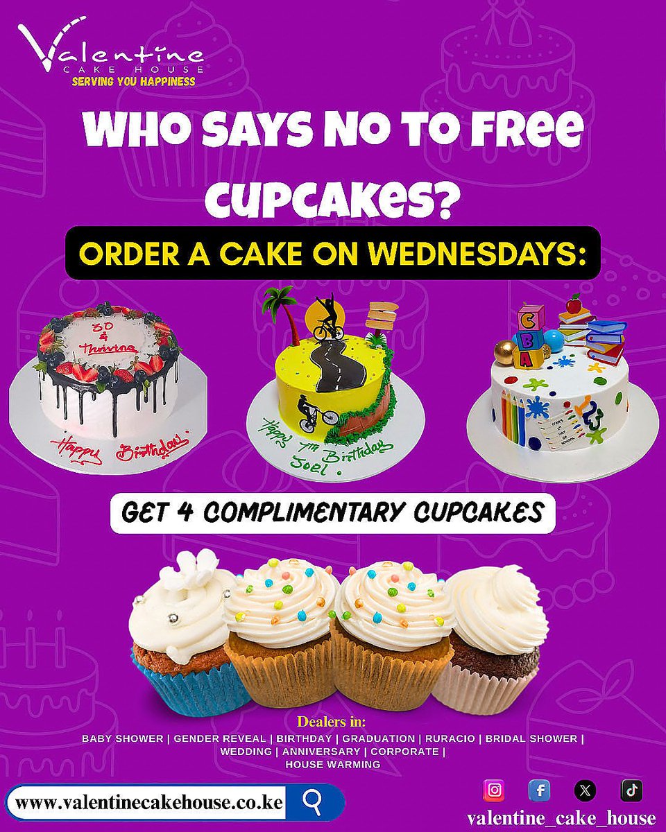 Buy the cake, get the squad 🥳

4 complimentary cupcakes tagging along this Wednesday 🎂+🧁=😍

#valentinecakehouse #servingyouhappiness #wednesday #cupcake #offer