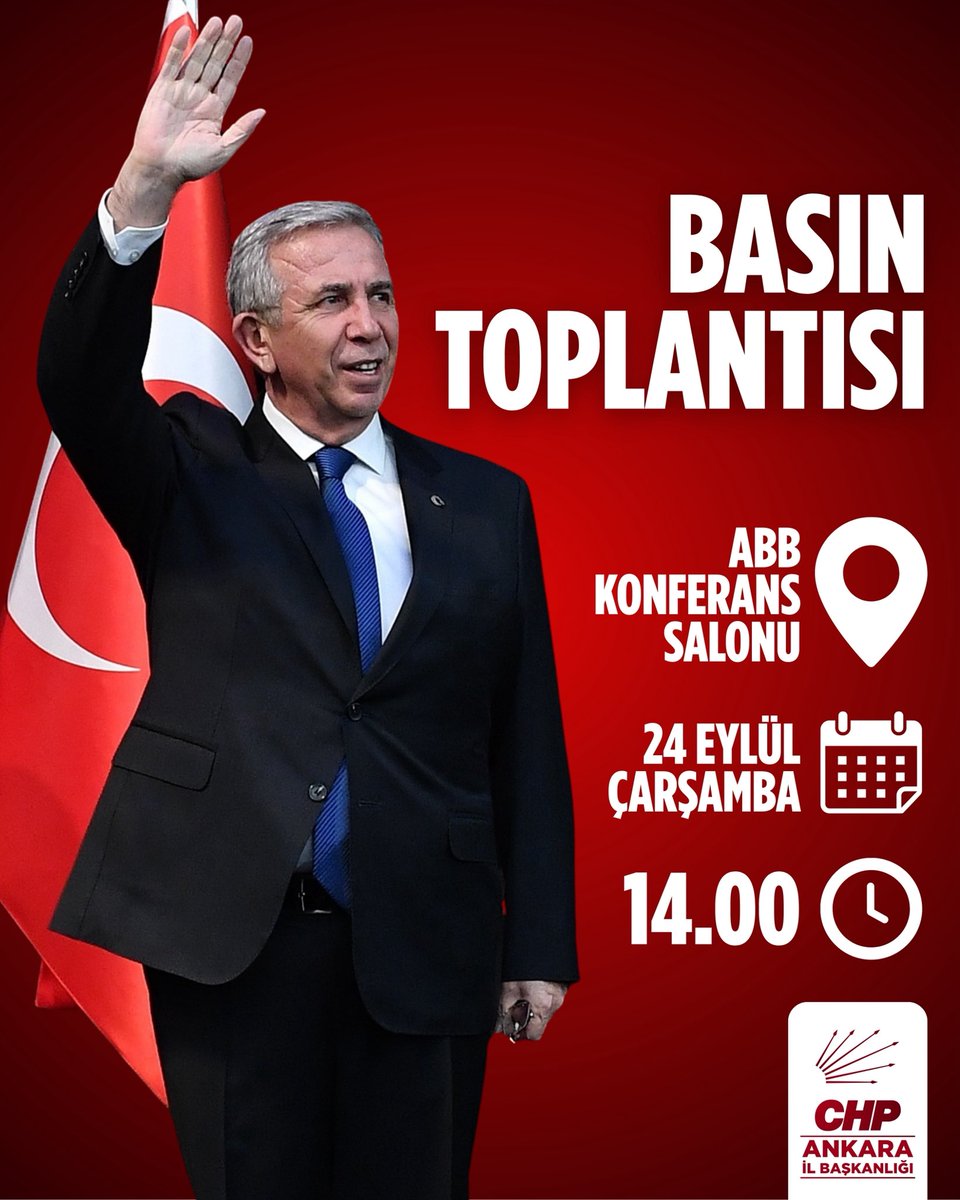 Ankara Büyükşehir Belediye Başkanımız Sayın Mansur Yavaş, 24 Eylül Çarşamba günü (BUGÜN) saat 14.00’te ABB Konferans Salonu’nda basın toplantısı düzenleyecektir.

Tüm Ankaralılar davetlidir.

<a href="/herkesicinCHP/">CHP 🇹🇷</a> <a href="/eczozgurozel/">Özgür Özel</a> <a href="/mansuryavas06/">Mansur Yavaş</a> <a href="/DrErkol/">Dr. Ümit Erkol</a> 

#CHP #Ankara #MansurYavaş