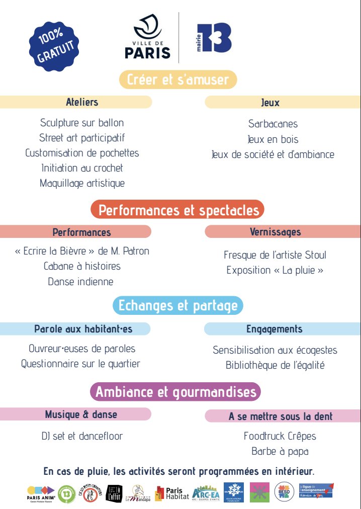 Pour la deuxième fois, <a href="/2Paris13/">CQ 2 - Butte aux Cailles</a> est ravi de participer à la fête #Glacière. Venez profiter des animations gratuites ce samedi 27/09 dès 15h 🔽  Des ateliers, des jeux, des spectacles, des expositions, des gourmandises et un nouveau quiz sur le quartier ! #Paris13 <a href="/Paris_Habitat/">Paris Habitat</a>