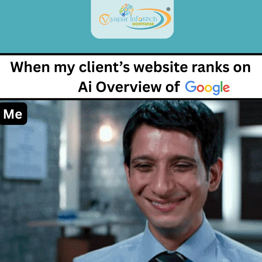 VyaparInfotech's tweet image. That face when your client ranks on Google’s AI Overview 😌

#SEO #GoogleAI #SEOSuccess #VyaparInfotech