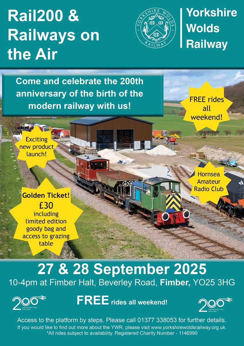 Come and celebrate the 200th anniversary of the birth of the modern railway with us!

To celebrate this exciting occassion, over the weekend of Sat 27 and Sun 28 Sepember we will be offereing FREE RIDES from 10-4 with the last train at 3.30. 
All rides subject to availability.
