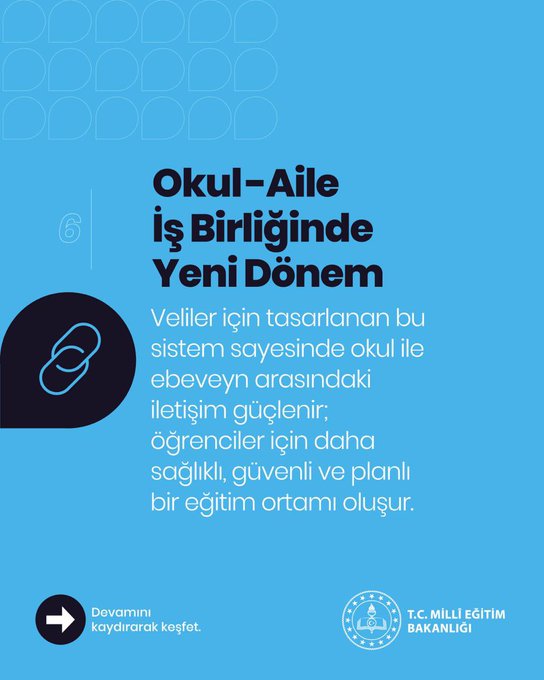 Four posters with blue and black backgrounds. Each poster has a circular icon: a smartphone with a speech bubble, a person with a magnifying glass, linked chains, and a hand holding a smartphone displaying the "biP" app. Text includes "Güncel MEB Duyuruları," "Devamsızlık Bilgilerine Kolay Erişim," "Okul-Aile İşBirliğinde Yeni Dönem," and "biP Uygulamasını Cihazınıza İndirin." Logos of T.C. Millî Eğitim Bakanlığı are visible at the bottom.
