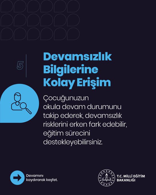 Four posters with blue and black backgrounds. Each poster has a circular icon: a smartphone with a speech bubble, a person with a magnifying glass, linked chains, and a hand holding a smartphone displaying the "biP" app. Text includes "Güncel MEB Duyuruları," "Devamsızlık Bilgilerine Kolay Erişim," "Okul-Aile İşBirliğinde Yeni Dönem," and "biP Uygulamasını Cihazınıza İndirin." Logos of T.C. Millî Eğitim Bakanlığı are visible at the bottom.