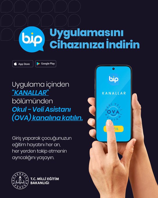 Four posters with blue and black backgrounds. Each poster has a circular icon: a smartphone with a speech bubble, a person with a magnifying glass, linked chains, and a hand holding a smartphone displaying the "biP" app. Text includes "Güncel MEB Duyuruları," "Devamsızlık Bilgilerine Kolay Erişim," "Okul-Aile İşBirliğinde Yeni Dönem," and "biP Uygulamasını Cihazınıza İndirin." Logos of T.C. Millî Eğitim Bakanlığı are visible at the bottom.