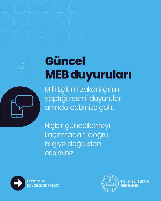Four posters with blue and black backgrounds. Each poster has a circular icon: a smartphone with a speech bubble, a person with a magnifying glass, linked chains, and a hand holding a smartphone displaying the "biP" app. Text includes "Güncel MEB Duyuruları," "Devamsızlık Bilgilerine Kolay Erişim," "Okul-Aile İşBirliğinde Yeni Dönem," and "biP Uygulamasını Cihazınıza İndirin." Logos of T.C. Millî Eğitim Bakanlığı are visible at the bottom.