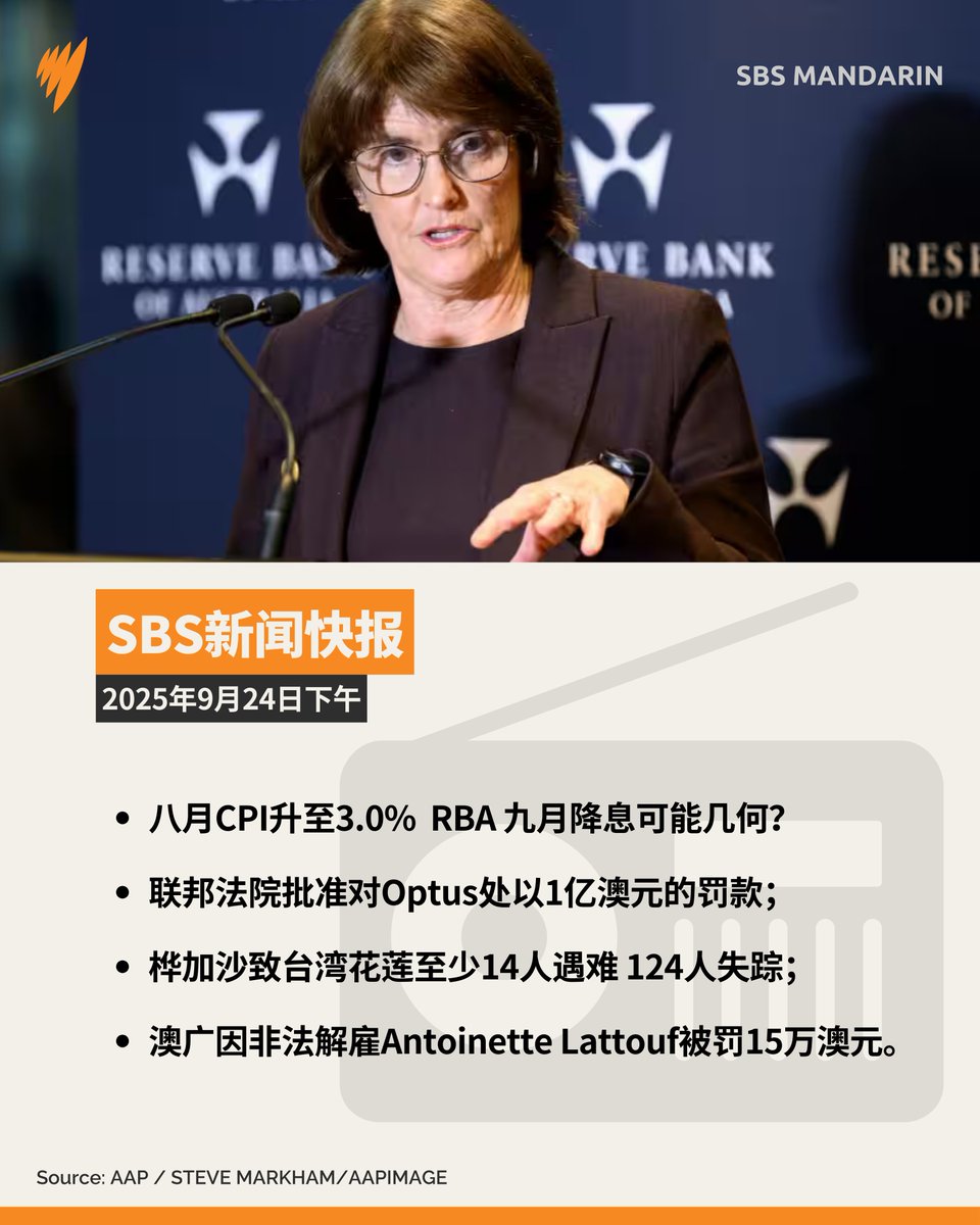 SBS新闻快报 据澳洲统计局最新数据，8月年度CPI 升至3.0%，为一年以来最高水平，业内人士预计下周储备银行将维持现有利率不变。 点击链接收听：  https://t.co/Mx6vdKi9Oz #降息#通胀#桦加沙#