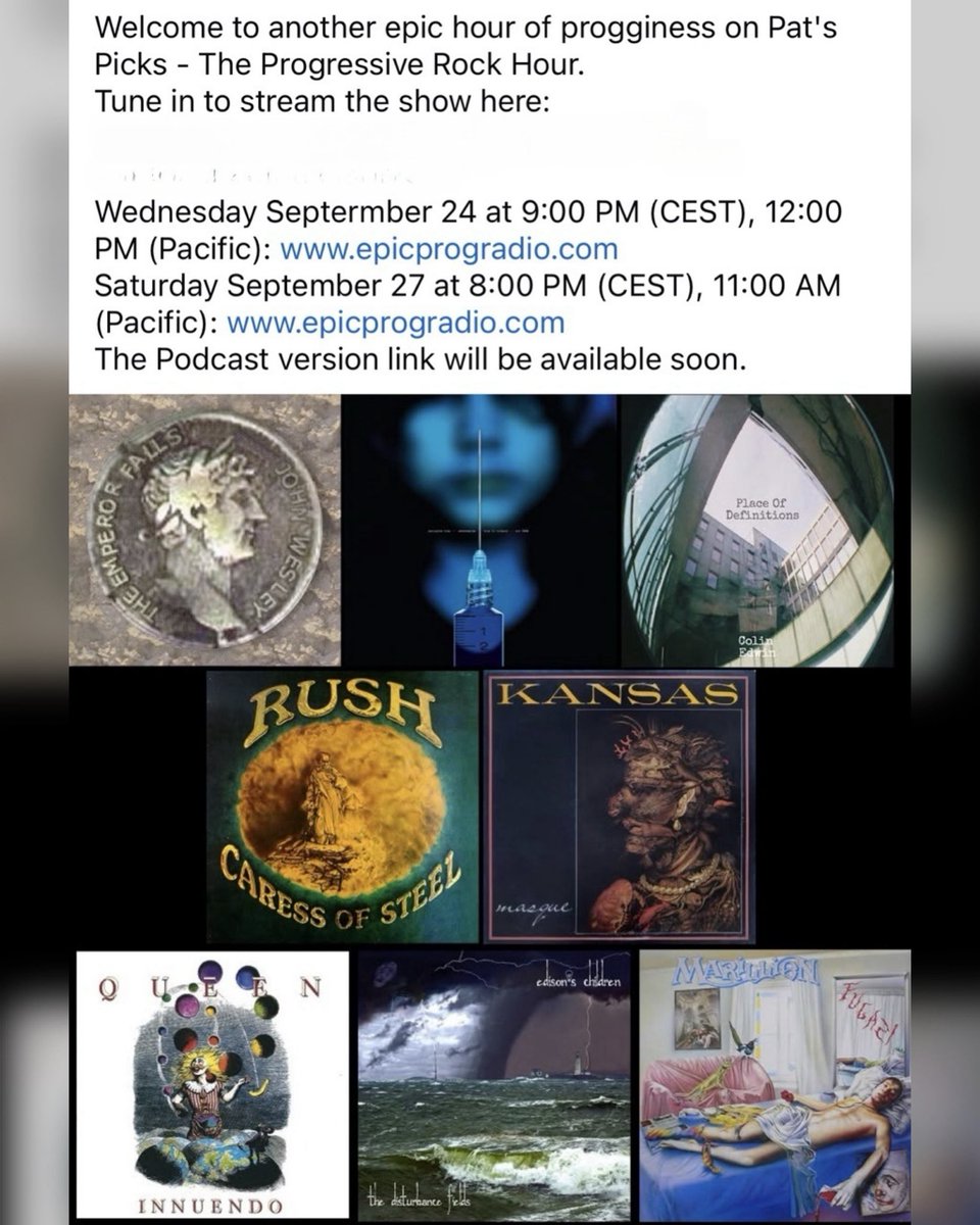 Tonight on Epic Prog Radio

Q’s Music
Presenter, Marc Piché
7pm CET, 6pm UK time, 1pm EST

Pat’s Picks, The Progressive Rock Hour
Presenter, Patrick Alexander
9pm CET, 8pm UK time,3pm EST

epicprogradio.com 
linktr.ee/epicprogradio

#progressiverock #prog #epicprogradio