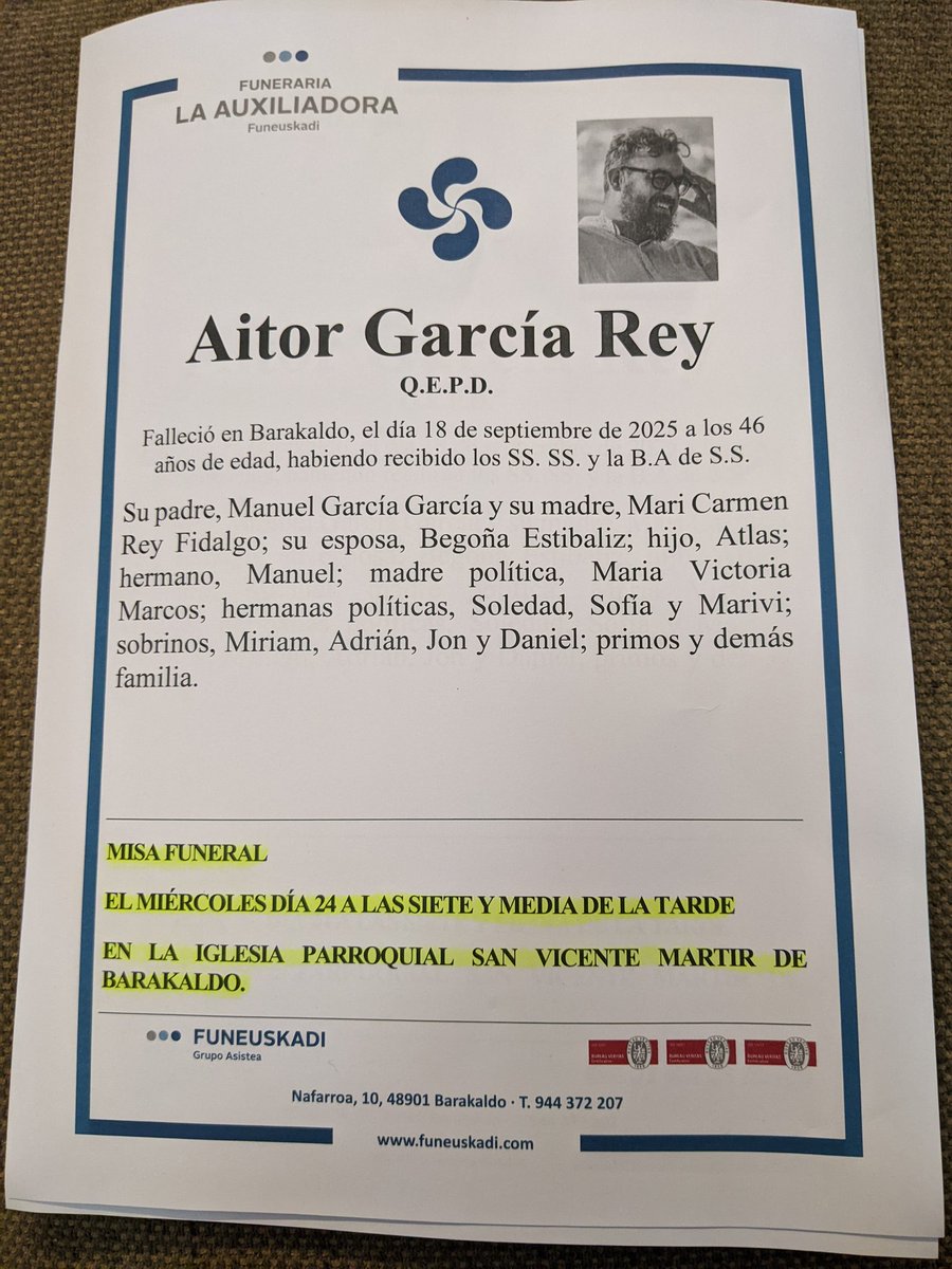 Está tarde se celebrará una misa funeral en San Vicente. 💙💙💙