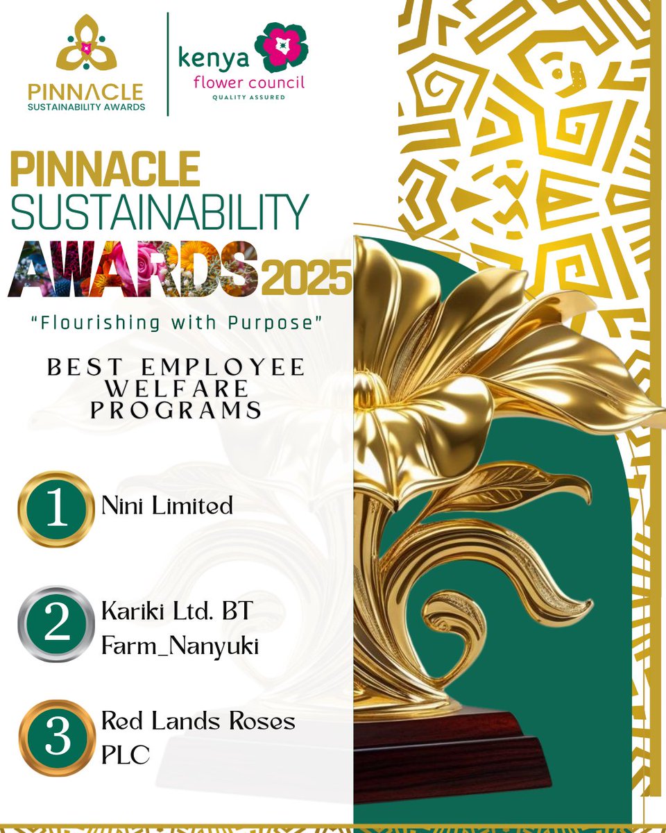 #pinnaclesustainabilityawards 2025
Honoring Winners of the Best Employee Welfare Programs Award!
🥇 Nini Limited
🥈 Kariki Ltd. BT Farm_Nanyuki
🥉 Red Lands Roses PLC
These farms prove that when workers flourish, #floriculture flourishes. 
 #SDG3 #SDG5 #SDG8 #SocialSustainability