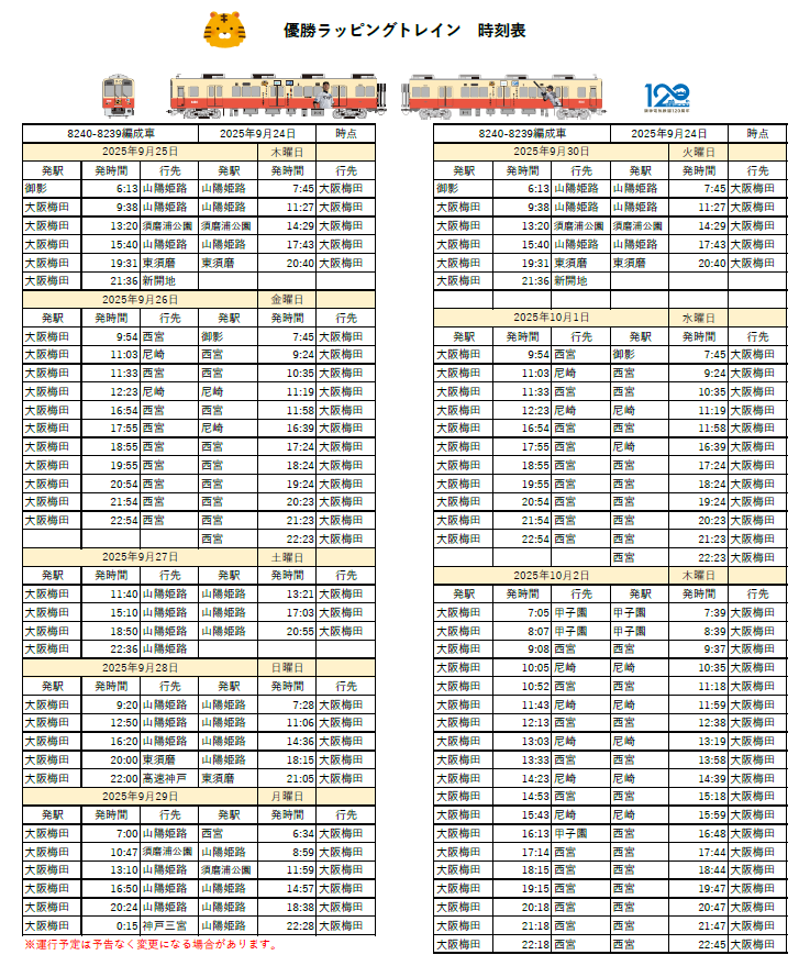 阪神タイガース リーグ優勝記念 🚊ラッピングトレイン運行表【9/25（木