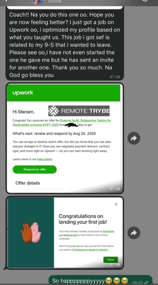 remotetrybe's tweet image. Another international job secured🎉🎉

Guess what? Before she even started, her client was already impressed enough to send her an invite for another job. Is this not amazing? This is how remote trybe students stand out in the global market.
#RemoteTrybe #Brevis #Lekki #Dembele