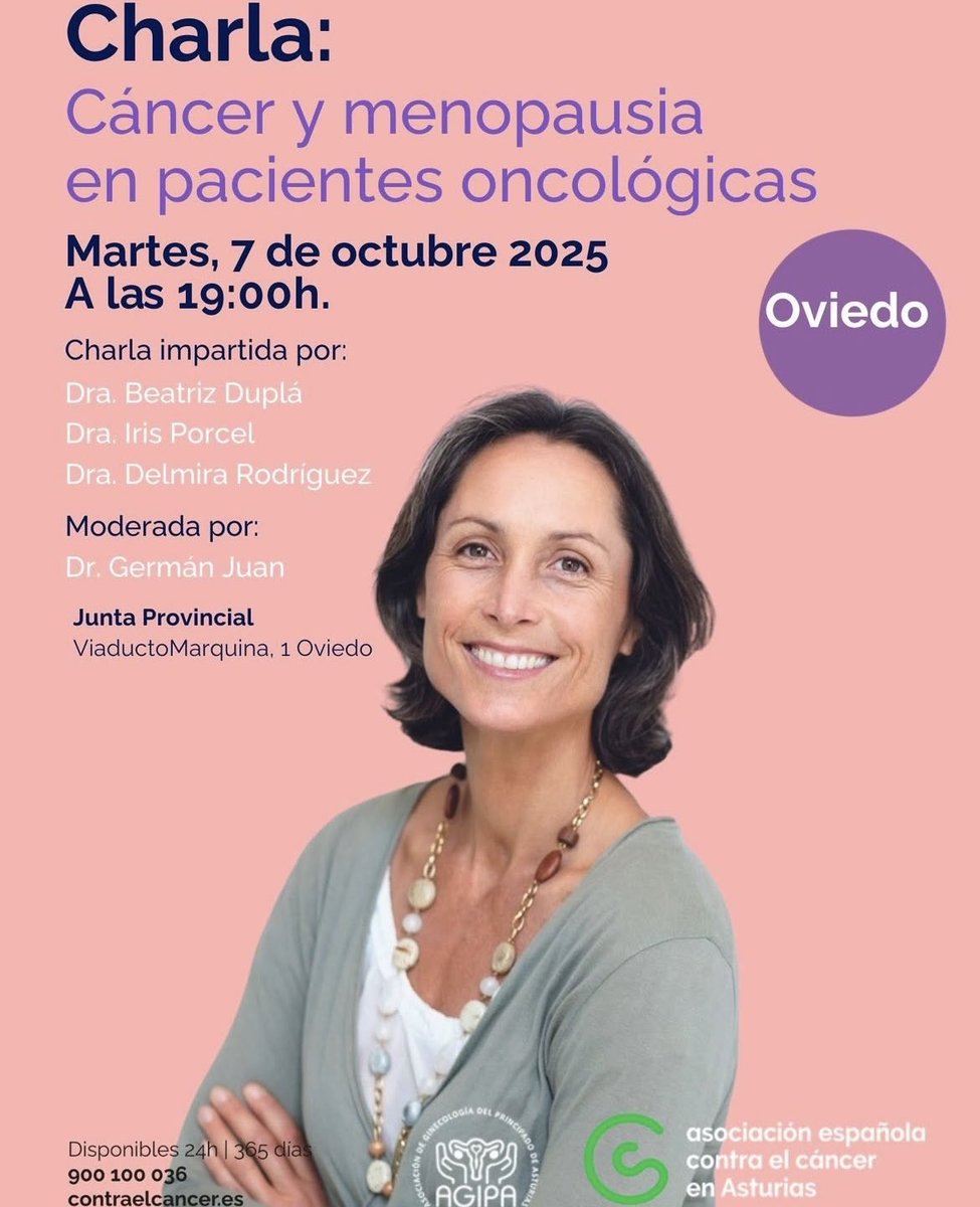 🎯 Nueva colaboración ⁦<a href="/AGIPASTURIAS/">AGIPA</a>⁩  y ⁦<a href="/ContraCancerEs/">Asociación Española Contra el Cáncer</a> : #Cancer y #menopausia en pacientes oncológicas                                       ✅ 7 de octubre a las 19 h.                     ✅ Junta provincial AECC Oviedo, Viaducto Marquina 1