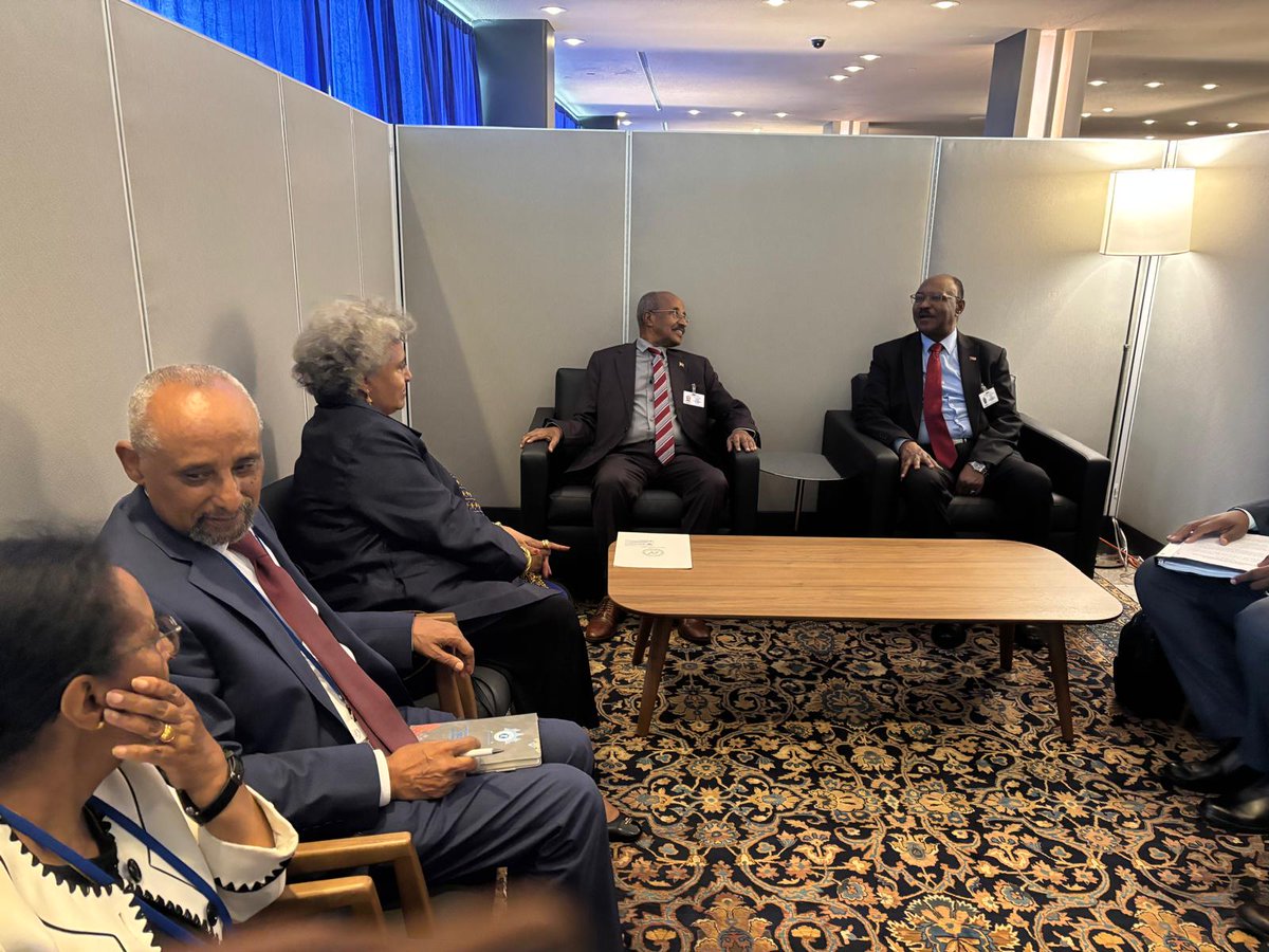 hawelti's tweet photo. #Eritrea's delegation, led by Foreign Minister Osman Saleh, is participating at UNGA80.  The delegation met, on the margins of the Session yesterday, with Foreign Ministers of Greece, Sudan, Portugal and Burundi respectively.  

The bilateral meetings focused on strengthening bilateral ties; shared perspectives on international peace and security; as well as other regional and international matters of mutual interest.