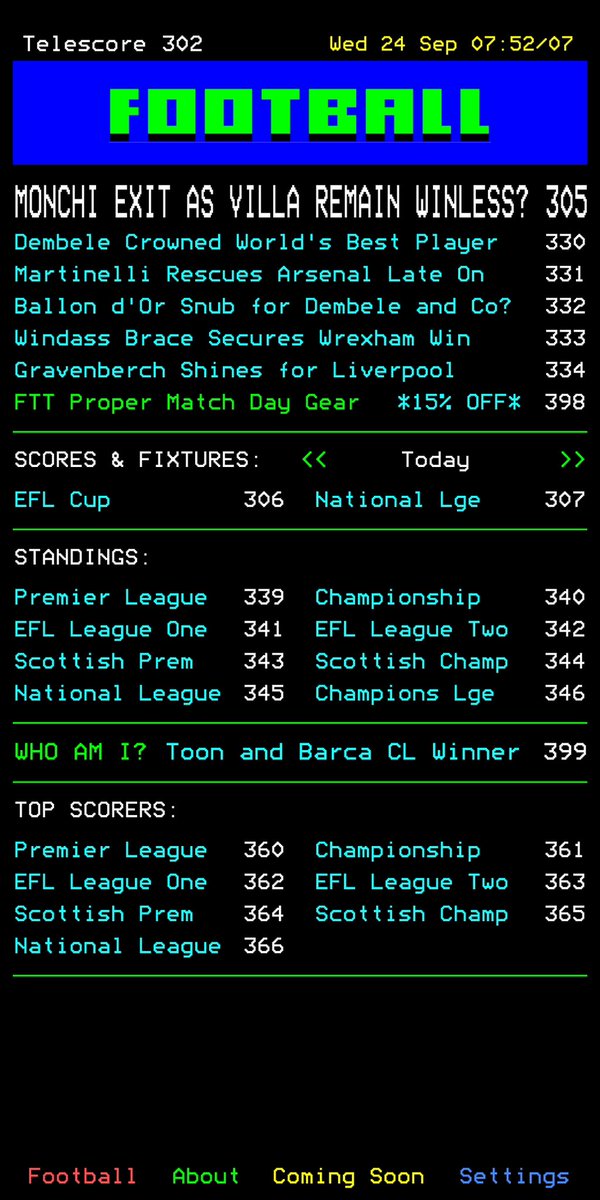 smivadee's tweet image. Came across a bit of nostalgia this morning. A football app has been made in the retro style of ceefax | @Telescore302 👏