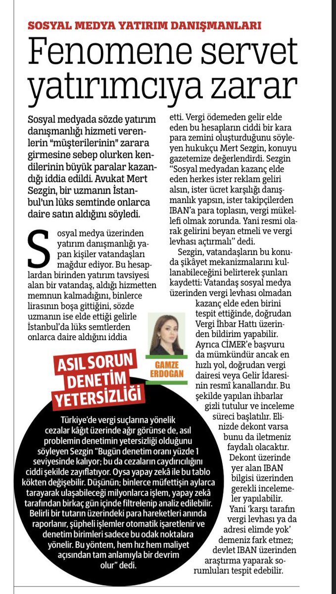 #ÖZELHABER 

Sosyal medyada sözde yatırım danışmanlığı yapan hesaplar, takipçilerini zarara uğratırken kendileri servet kazanıyor.

📌Vergi ödemeden milyonlarca lira gelir elde eden bu kişiler, kara para zeminini büyütmeye devam ediyor. 

Bir mağdur, aldığı “hizmet” sonrası