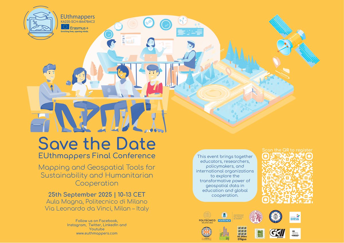 EUthMappers's tweet photo. 🌍 Save the Date!
📅 25 Sept 2025 | 🕙 10–13 CET
📍 Milan + Online
Join the #EUthMappers Final Conference: Mapping &amp; Geospatial Tools for Sustainability &amp; Humanitarian Cooperation 🚀
🔗 Register online: https://t.co/KEBCqLmjDn
#STEAM #GIS #Education https://t.co/8ylnr3xIPt