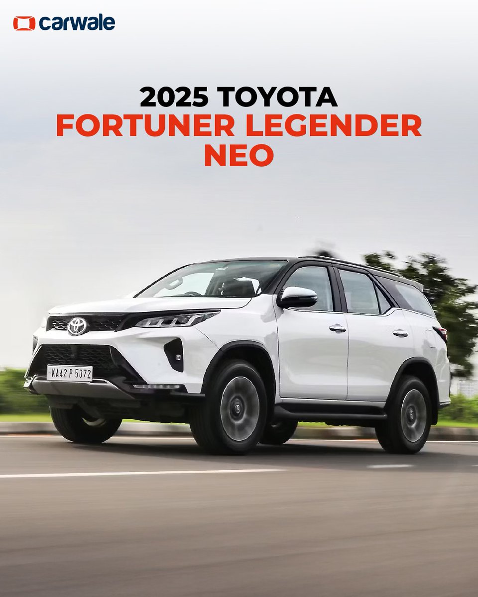 CarWale's tweet photo. 🔥 From the front, the #New #FortunerLegenderNeo stands out with its bold face, a sharp bumper, aggressive grille design that instantly sets it apart from the standard model.

👉 One word to describe the #Legender’s face? We’ll go first: Aggressive 💥 Your turn ⬇️

#cwphotos #suv https://t.co/pdErKpb2xa