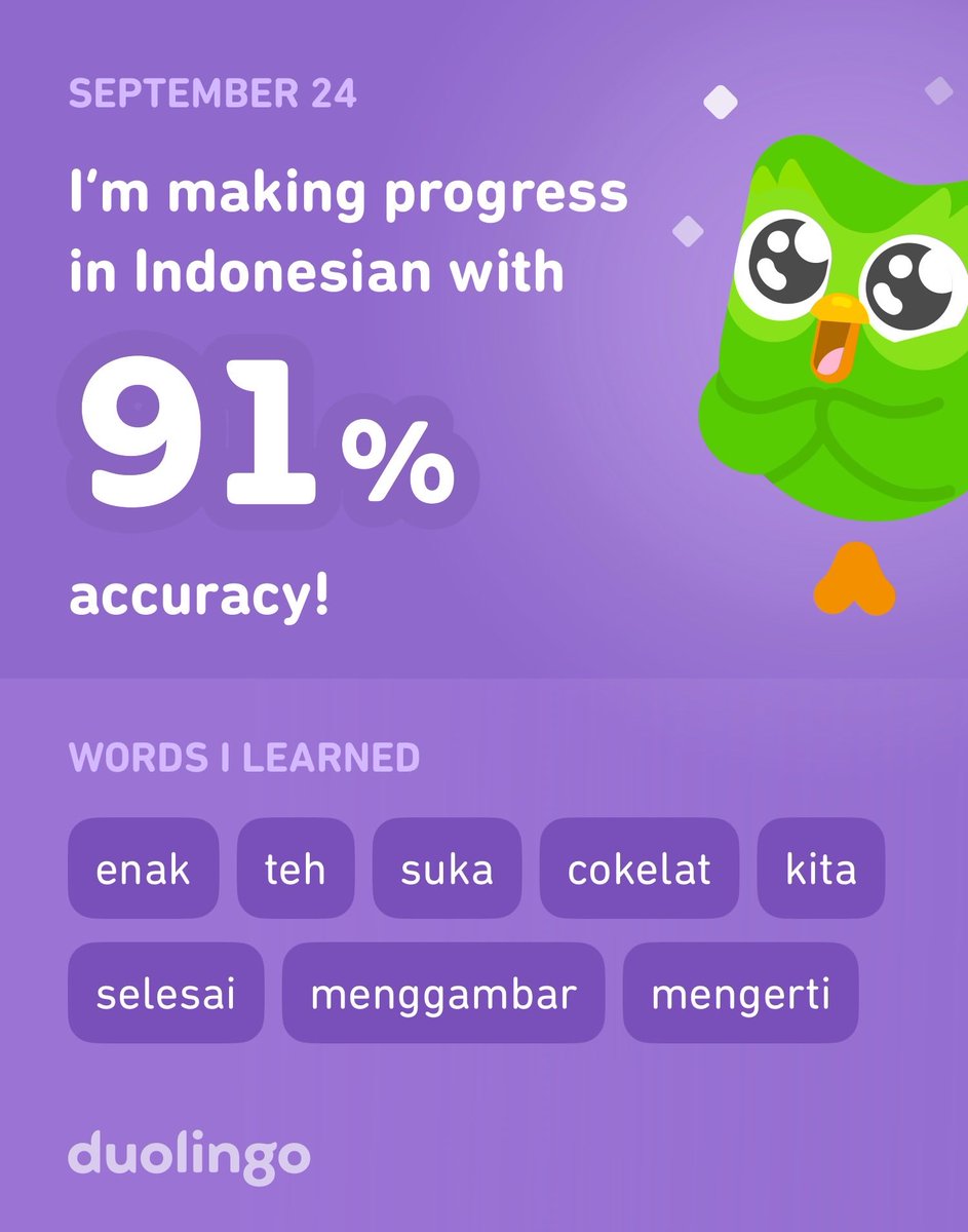 Fancynunu's tweet photo. I’m learning Indonesian on Duolingo! It’s free, fun, and effective. https://t.co/Y1wtg9sbMR