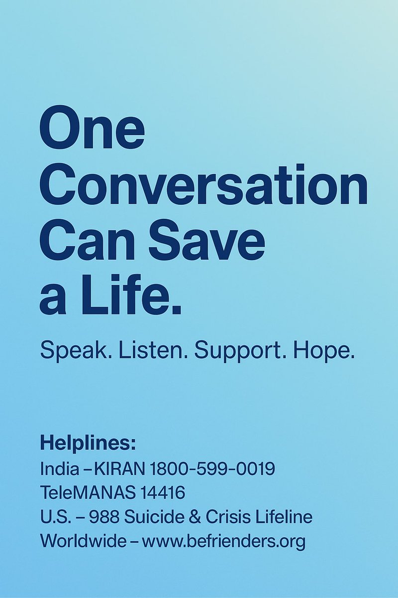 One conversation can save a life.
Ask. Listen. Support.
Hope is always here. 🌸

📞 India — 1800-599-0019 (KIRAN) | 14416 (TeleMANAS)
📞 U.S. — 988 | 🌍 befrienders.org

#SuicidePreventionMonth #YouAreNotAlone #HopeIsHere