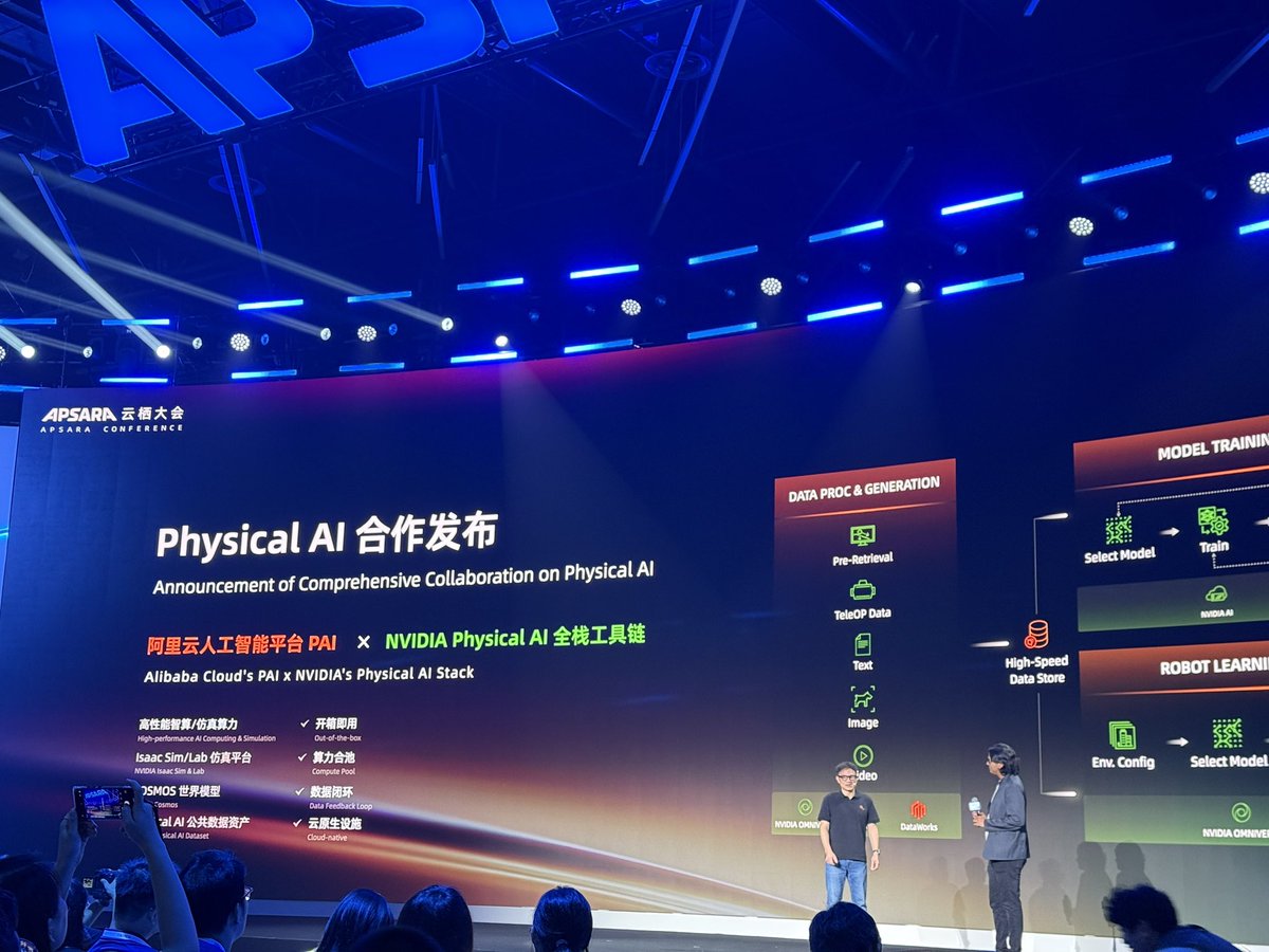 poezhao0605's tweet image. Alibaba Cloud’s PAI platform integrates with NVIDIA’s Physical AI stack at APSARA Conference.

Chinese developers can now access NVIDIA’s complete Physical AI toolkit through Alibaba’s PAI platform. Full pipeline from data processing to robot learning.

This integration brings…